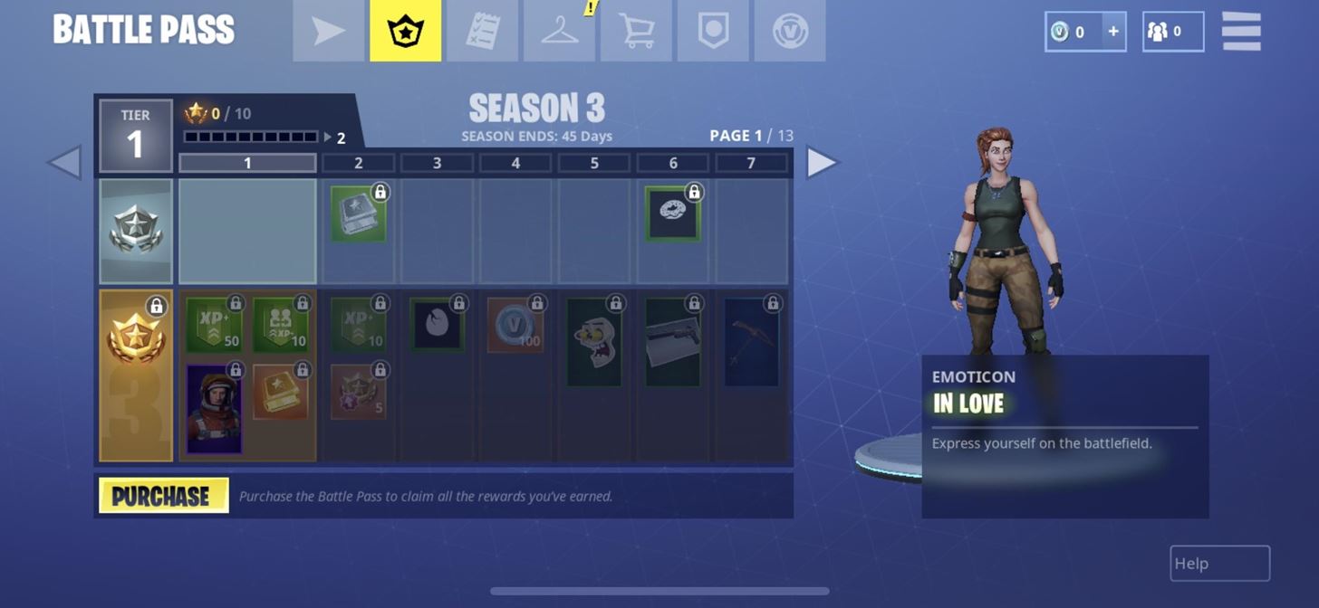 as you can see in the screenshot above the free pass and battle pass items are unlocked in tiers depicted by the numbered columns - fortnite season 3 end