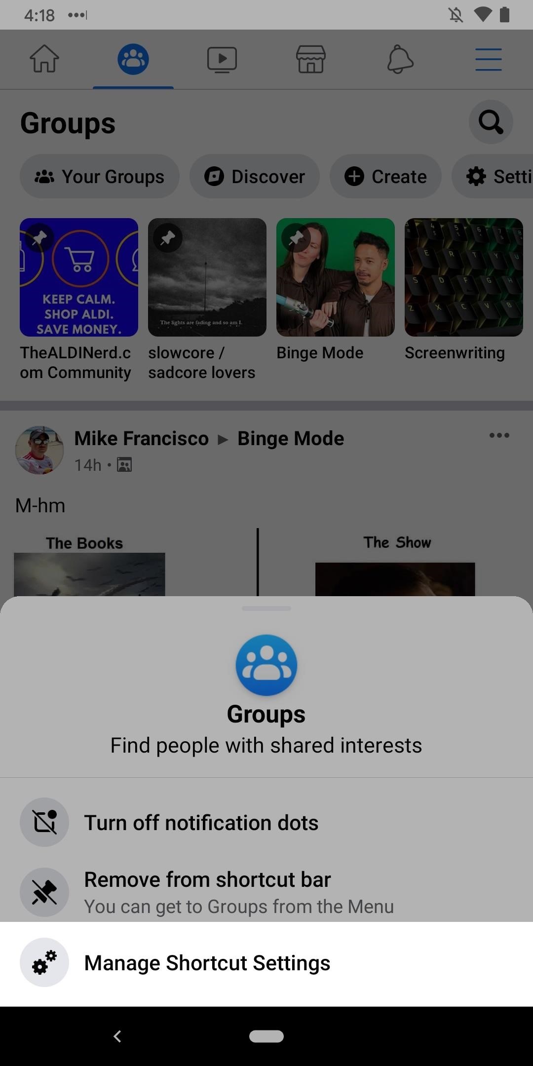 facebook app shortcut bar