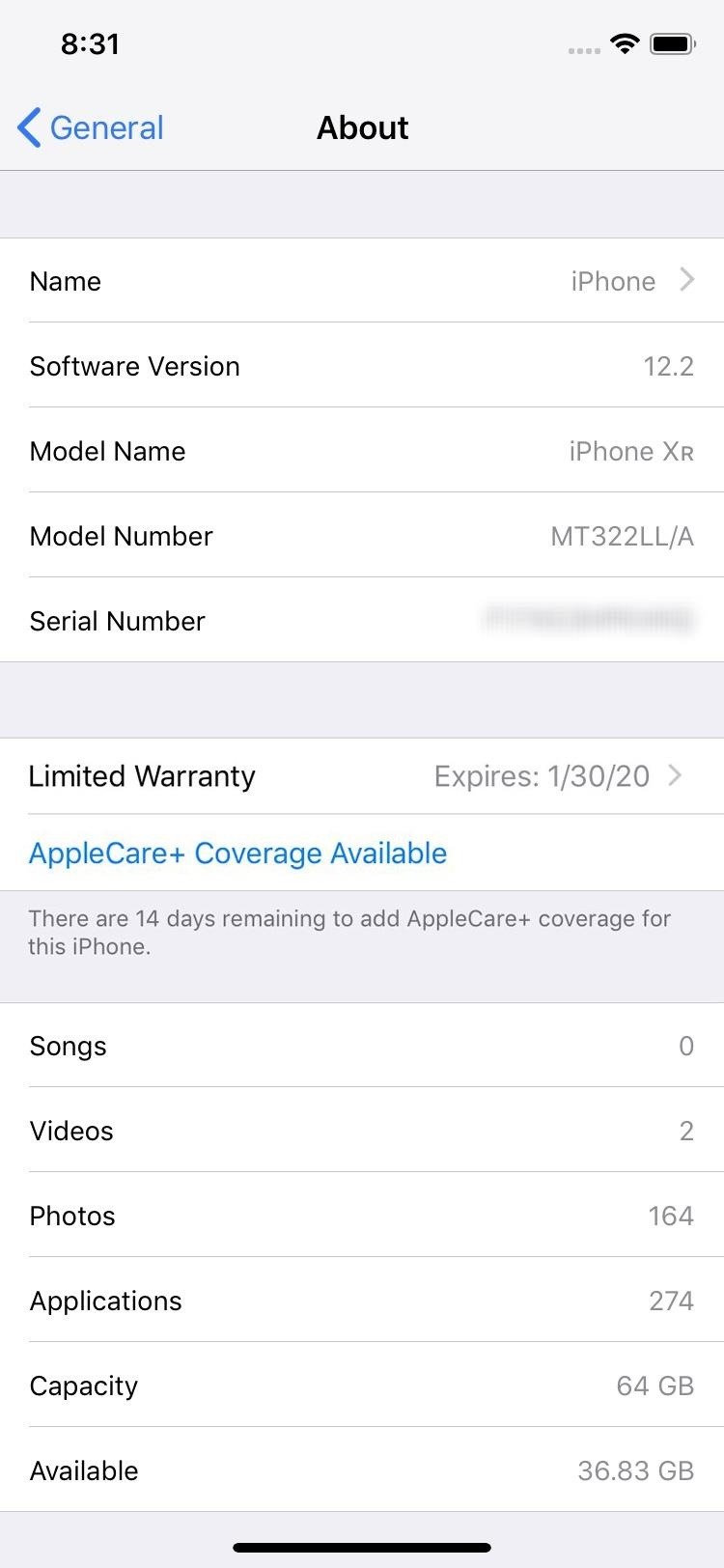 Apple's iOS 12.2 Public Beta 6 Available for iPhone, Adds New Warranty & AppleCare+ Status in Settings