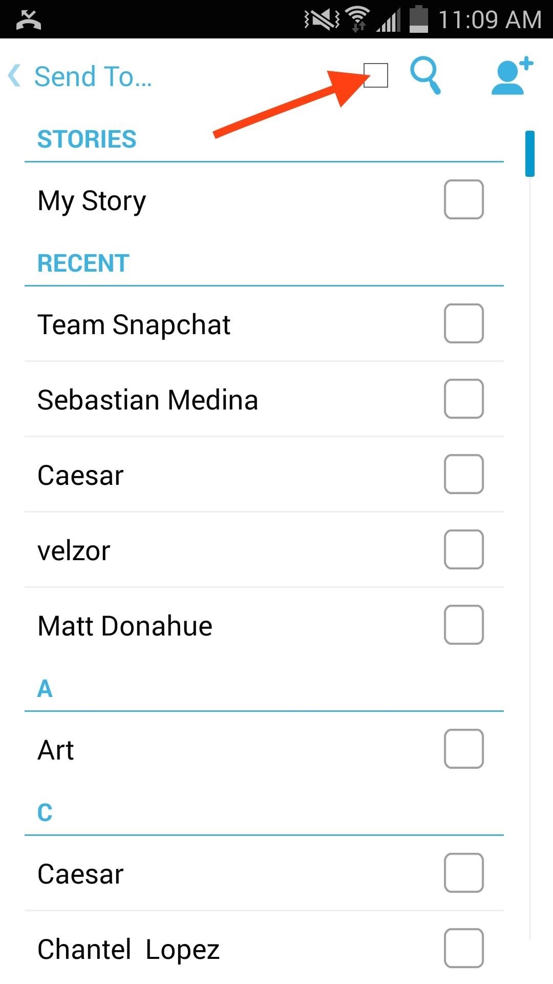 Select All Contacts with Just One Tap in Snapchat's Android App